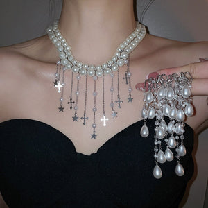 Light Luxury Court Style Faux Pearl Cross Tassel Necklace And Stud Earrings Jewelry Set