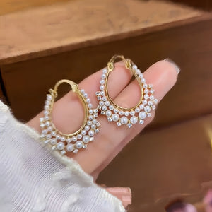 Light Luxury French Vintage Geometric Round Faux Pearl Rhinestone Twisted Earrings For Women