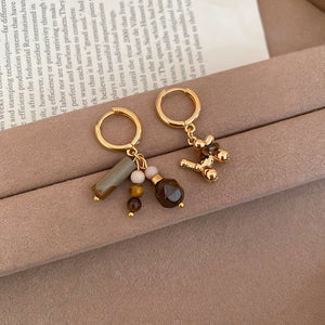 Gold Plated Tiger Eye Stone Puppy Tassel Drop Earrings, Maillard Style Round Geometric Women's Jewelry