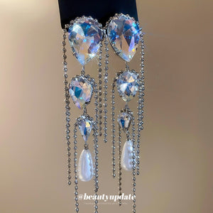 Rhinestone Tassel Teardrop Faux Pearl Drop Earrings With Silver Needle European Style