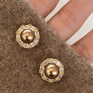 Light Luxury Geometric Round Faux Pearl Zircon Stud Earrings For Women – Silver