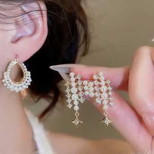 Light Luxury Geometric Star Zircon Faux Pearl Tassel Stud Earrings For Elegant Women
