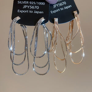 Geometric Metal Tassel Drop Earrings With Silver Posts, Vintage Minimalist Light Luxury Ear Jewelry