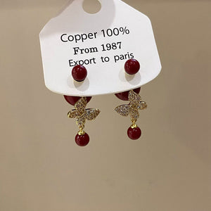 Gold Plated Silver Post Zircon Butterfly Faux Pearl Stud Earrings Light Luxury Retro Style
