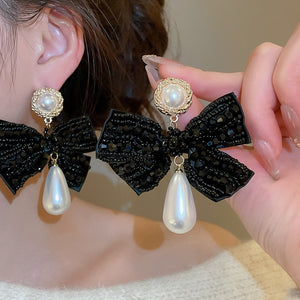 Light Luxury Crystal Bow Faux Pearl Waterdrop Stud Earrings For Trendy Elegant Style