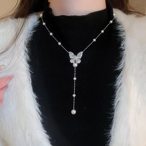 Korean Style Zircon Butterfly Faux Pearl Necklace Elegant Light Luxury Collarbone Choker