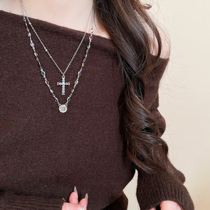 Alloy Rhinestone Cross Portrait Double Layer Old Money Sweater Necklace For Women