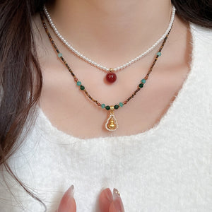 Ethnic Style Copper Zircon Tiger Eye Gourd Pendant Sweater Necklace New Chinese Geometric Collarbone Chain