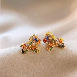 Gold Plated Copper Horse Zircon Stud Earrings With Silver Posts, Light Luxury Zodiac Jewelry