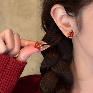 Gold Plated Copper Red Enamel Horse Stud Earrings With Silver Pins Vintage Light Luxury Zodiac Jewelry