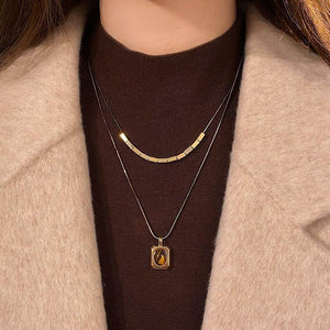 Gold Plated Copper Tiger Eye Square Pendant Necklace Vintage Maillard Geometric Choker