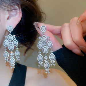 Copper Zircon Teardrop Flower Tassel Stud Earrings Elegant Light Luxury Style