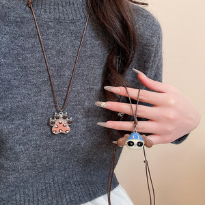 Light Luxury Alloy Leather Enamel Cat Paw Dog Sweater Necklace For Women