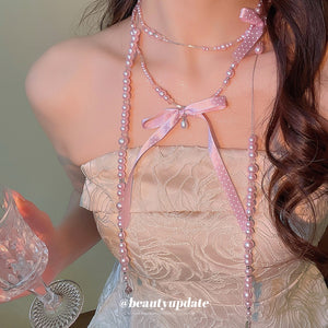 French Rhinestone Bow Faux Pearl Sweater Necklace Old Money Elegant Light Luxury Choker