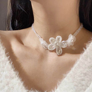 Light Luxury Faux Pearl Braided Chiffon Flower Necklace For Women Crystal Floral Collarbone Choker
