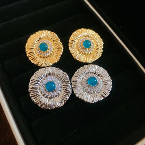 Vintage Copper Round Zircon Flower Texture Stud Earrings For Women Light Luxury Geometric Jewelry
