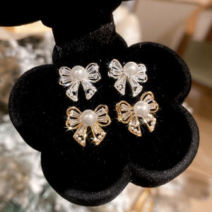 French Vintage Bow Faux Pearl Zircon Stud Earrings For Women Elegant Chic Jewelry