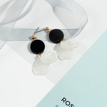 Black Wood Look Round Top White Petal Drop Stud Earrings