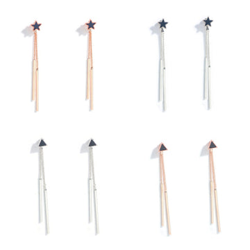Silver Round Top Double Bar Long Front Back Stud Earrings