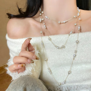French Rhinestone Layered Faux Pearl Sweater Necklace Vintage Old Money Round Geometric Choker