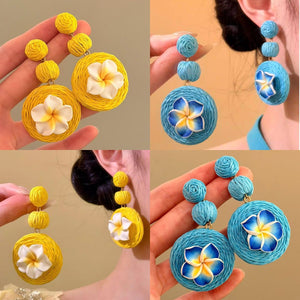 Raffia Round Flower Stud Earrings For Women, Beach Vacation Boho Statement Jewelry