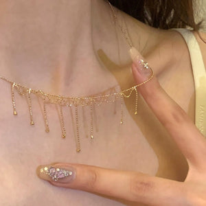 Korean Metal Tassel Sweater Necklace Geometric Round Light Luxury Minimalist Clavicle Chain