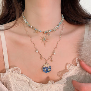Maillard Style Shell Beaded Star Sweater Necklace, Beach Vacation Clavicle Chain