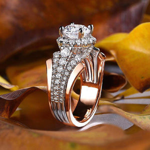 Two-Tone Round Halo Crystal Ring With Split Shoulders