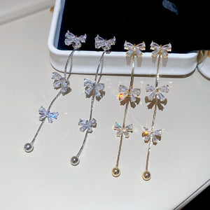 Gold Plated Copper Bow Tassel Drop Earrings With Silver Posts And Zircon Accents