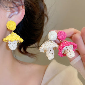 Raffia Mushroom Pendant Drop Earrings With Silver Needle Geometric Round Beach Vacation Style
