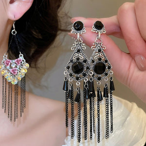 Artificial Crystal Flower Tassel Drop Earrings With Silver Pin Teardrop Design