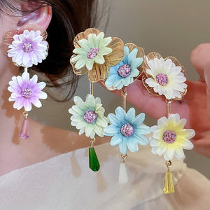Fabric Flower Crystal Tassel Drop Earrings Elegant Sweet Vacation Style Statement Jewelry