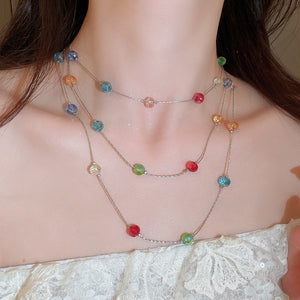 Dopamine Color Crystal Beaded Sweater Necklace Geometric Round Pastoral Light Luxury Collarbone Chain