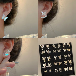 14K Gold Plated Silver Needle Zircon Butterfly Faux Pearl Stud Earrings French Elegant Light Luxury