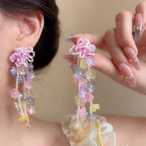Artificial Crystal Flower Tassel Drop Earrings Elegant Vacation Style Silver Needle Studs