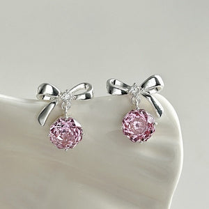 Copper Bow Pink Rose Zircon Stud Earrings For Women Light Luxury Floral Niche Design