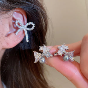Light Luxury Copper Bow Pearl Zircon Clip-on Earrings For Women Non Pierced Ear Cuffs