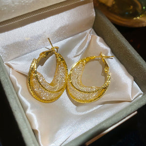 French Light Luxury Geometric Round Metal Mesh Openwork Artificial Crystal Stud Earrings