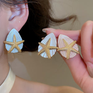 Shell Starfish Stud Earrings With Silver Needle Enamel Geometric Beach Vacation Niche Style