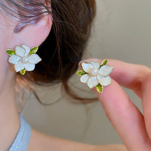 18K Gold Plated Faux Pearl Gardenia Flower Stud Earrings With Silver Posts