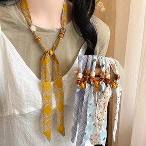 Old Money Floral Cloth Scarf Sweater Necklace For Women, Retro Beaded Neck Accessory