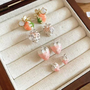 Korean Sweet Strawberry Zircon Copper Stud Earrings With Silver Pins Forest Style Fruit Jewelry