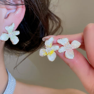Elegant Pastoral Copper Flower Stud Earrings With Zircon Enamel And Silver Pins