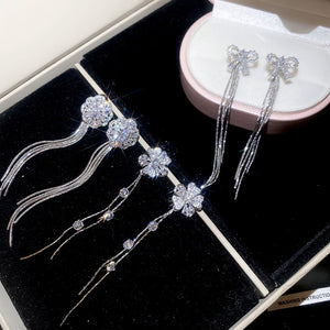Copper Zircon Round Flower Tassel Drop Earrings Minimalist Light Luxury Floral Stud Style