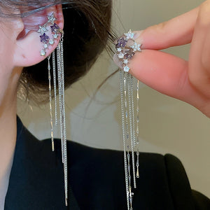 Copper Zircon Star Tassel Clip On Earrings For Women Korean Minimalist No Piercing Ear Cuff
