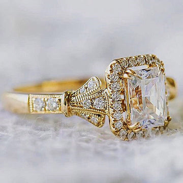 Gold Tone Emerald Cut Clear Halo Fan Shoulder Finger Ring