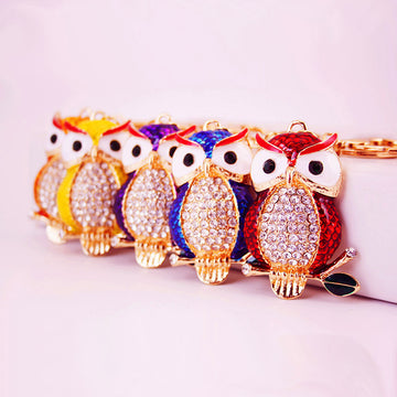 Rhinestone Owl Metal Keychain With Split Ring And Lobster Clasp