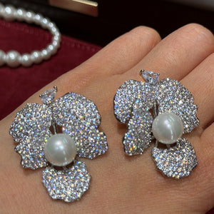 Luxury Floral Zircon Faux Pearl Stud Earrings For Women, European American Statement Style