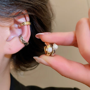French Style Round Textured Faux Pearl Clip-on Earrings For Women Geometric Office Ear Cuffs