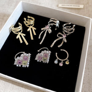 Korean Style Copper Zircon Bow Clip-on Earrings, Elegant No-Piercing Geometric Ear Cuffs